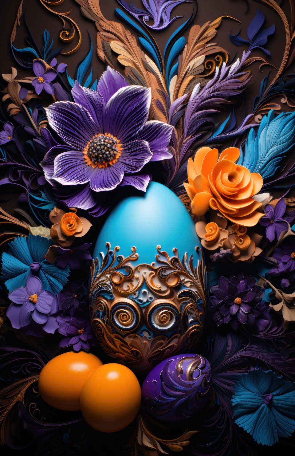 A vase adorned with an easter egg and vibrant purple flowers