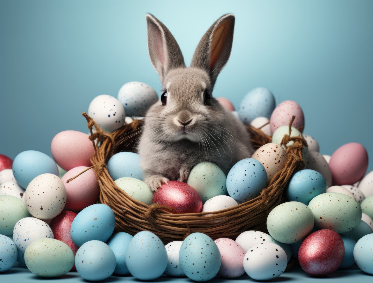 Adorable bunny surrounded by vibrant eggs in a basket