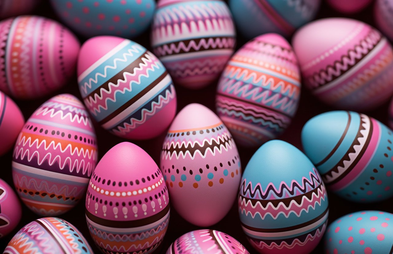 A lively arrangement of painted easter eggs on a pink background