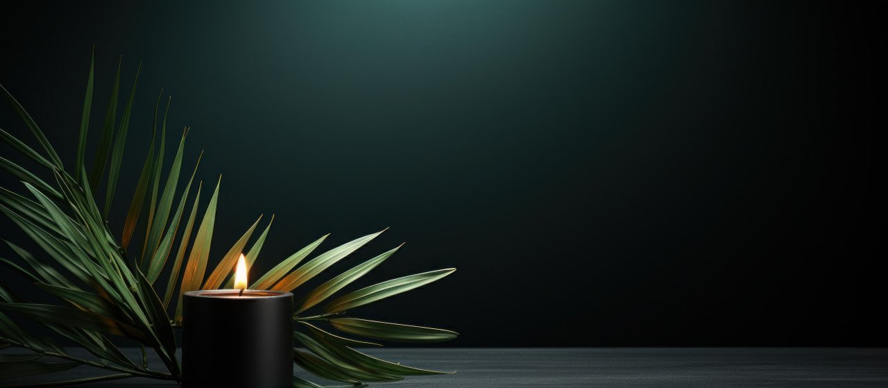 Black candle with palm branch on dark background