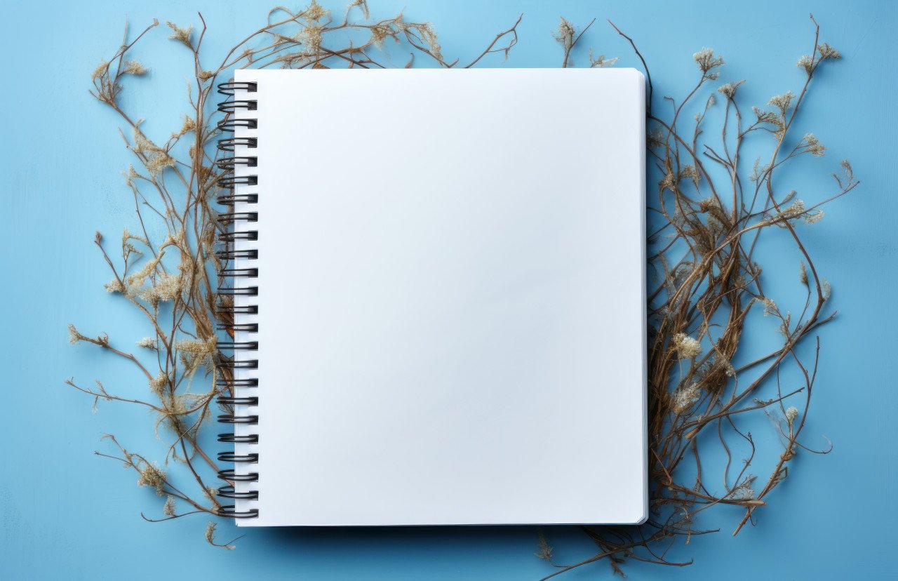 Open notebook on blue backdrop on newspaper inside empty box