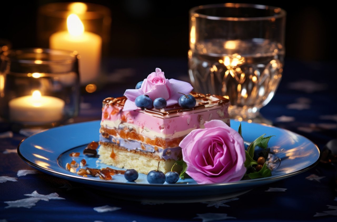 Plate of easter desserts with blue flowers and candle creating a festive display for celebration