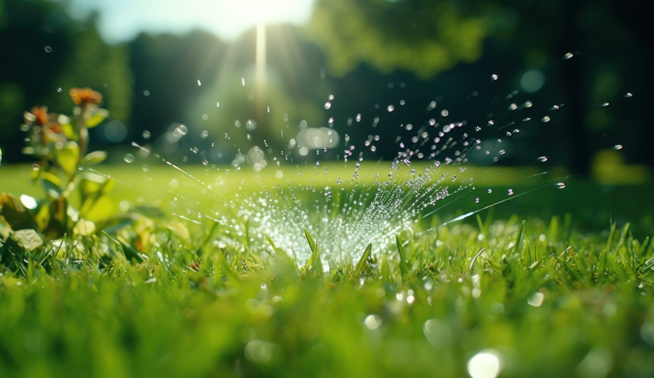 Sprinkler running across lush green grass creating refreshing moments under the sun