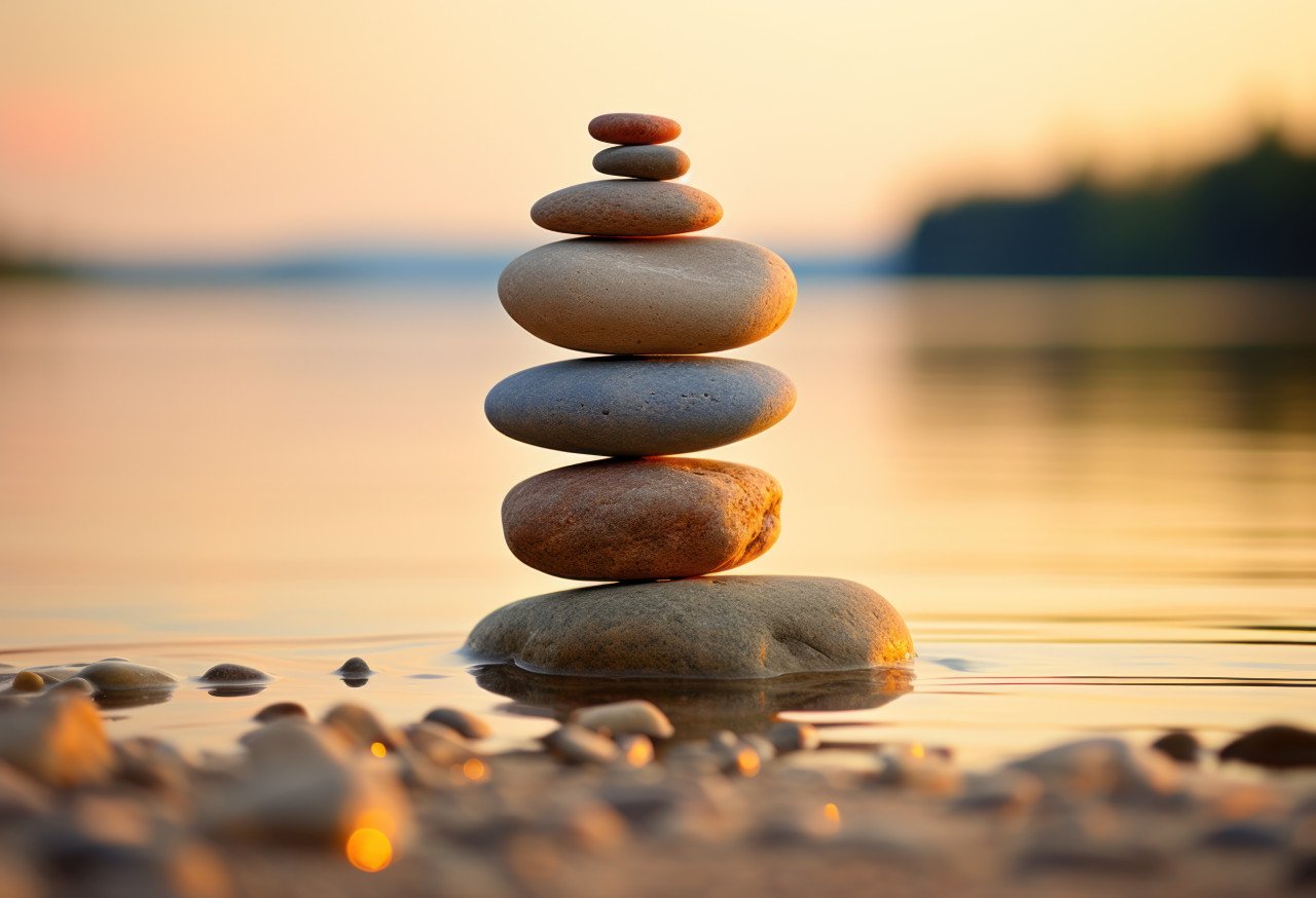 Stacked pebble on beach at sunset