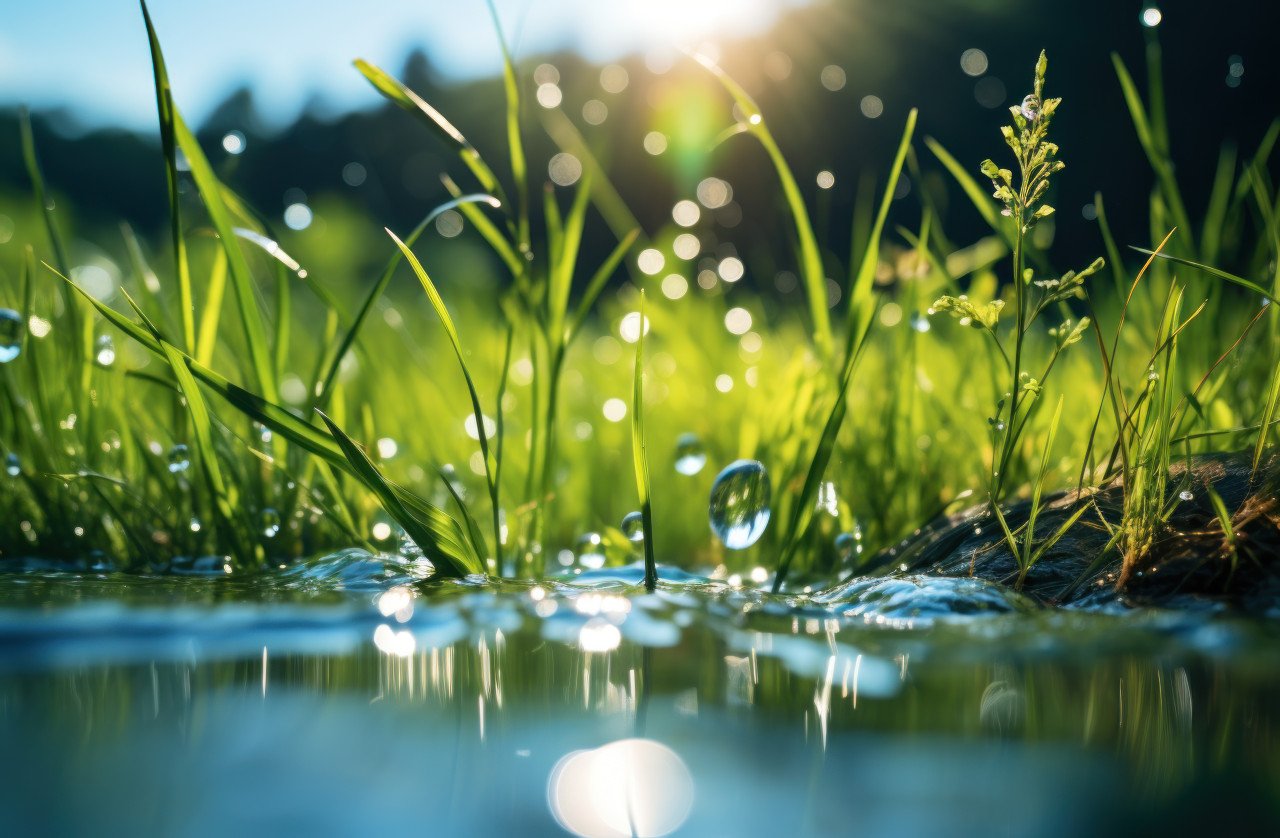 Serene summer landscape featuring water gently cascading over lush green grass and swaying blades in a harmonious flow