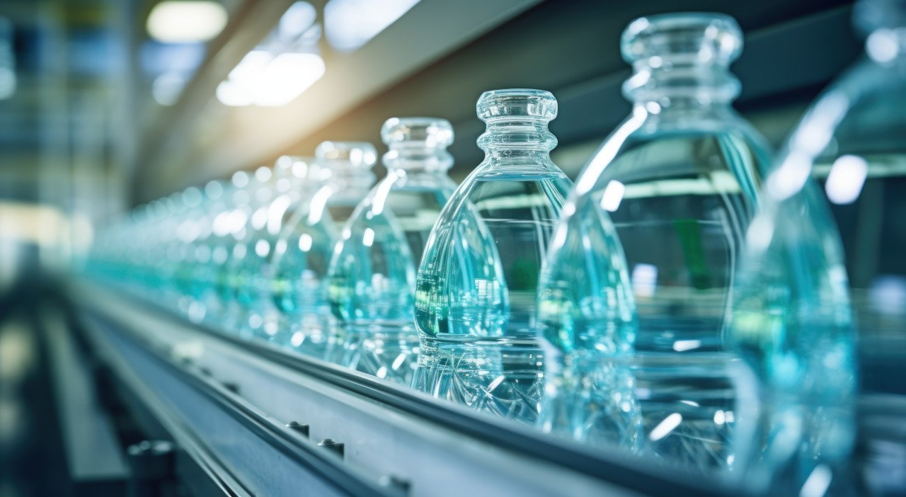 Factory production line with numerous water bottles in a row