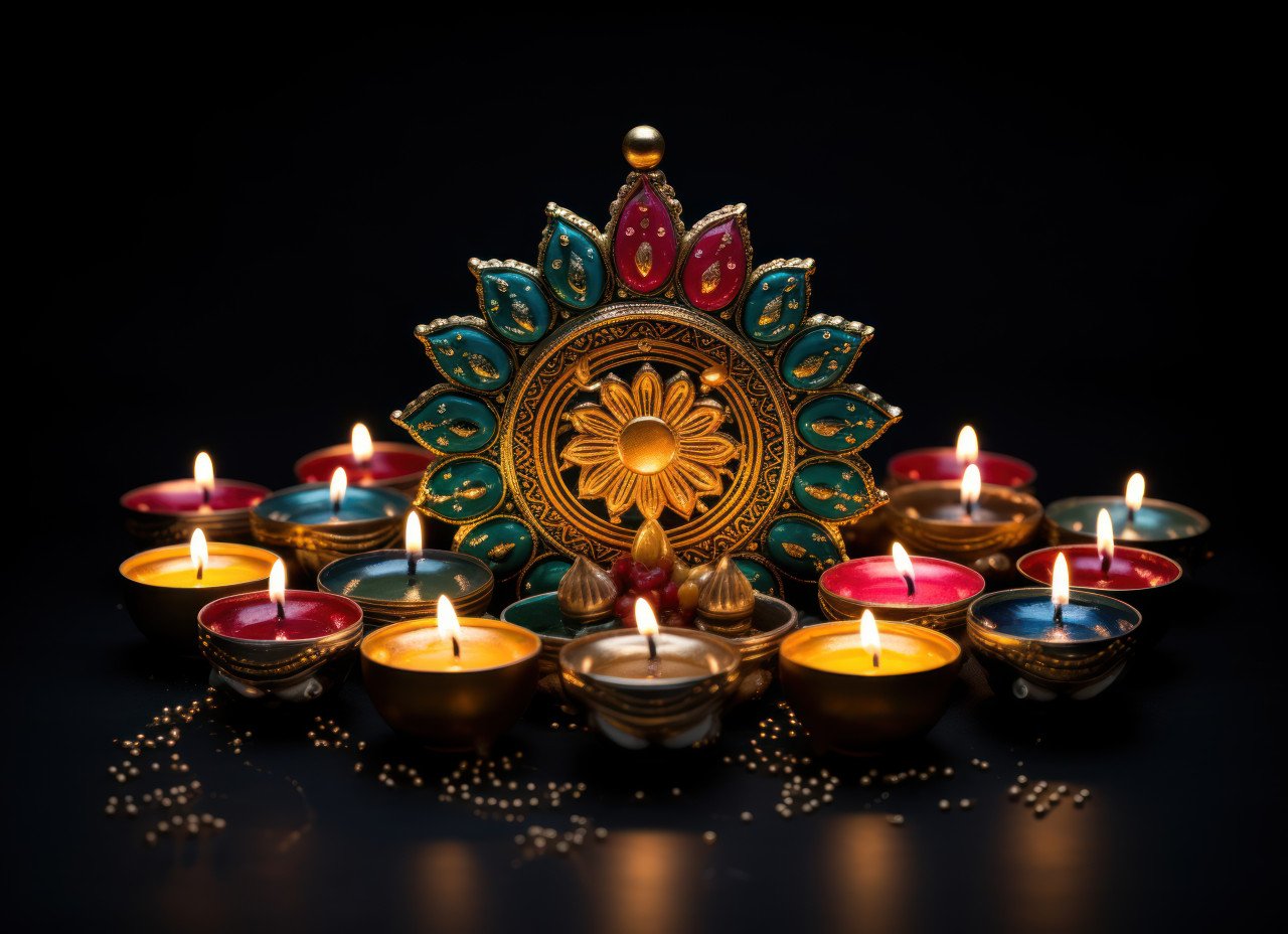 Colorful diwali lights arranged beautifully on a black background creating a festive and vibrant atmosphere