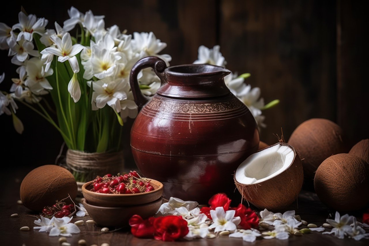 Coconut and flowers in metal pot part of hindu festival or gudi padwa celebration