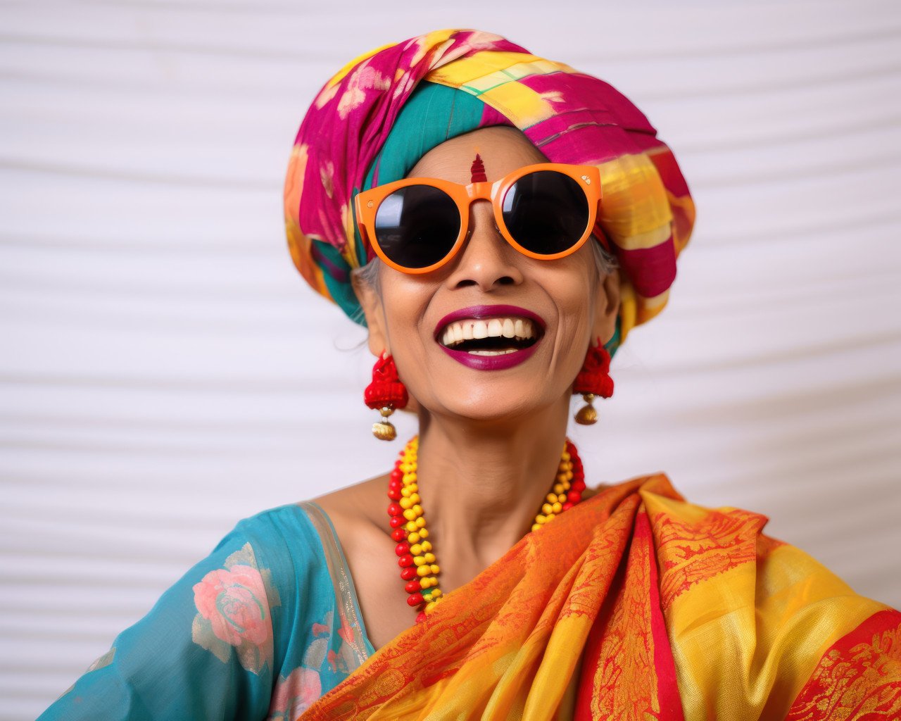 Happy indian marathi woman in turban and sunglasses smiling brightly with joy and radiance