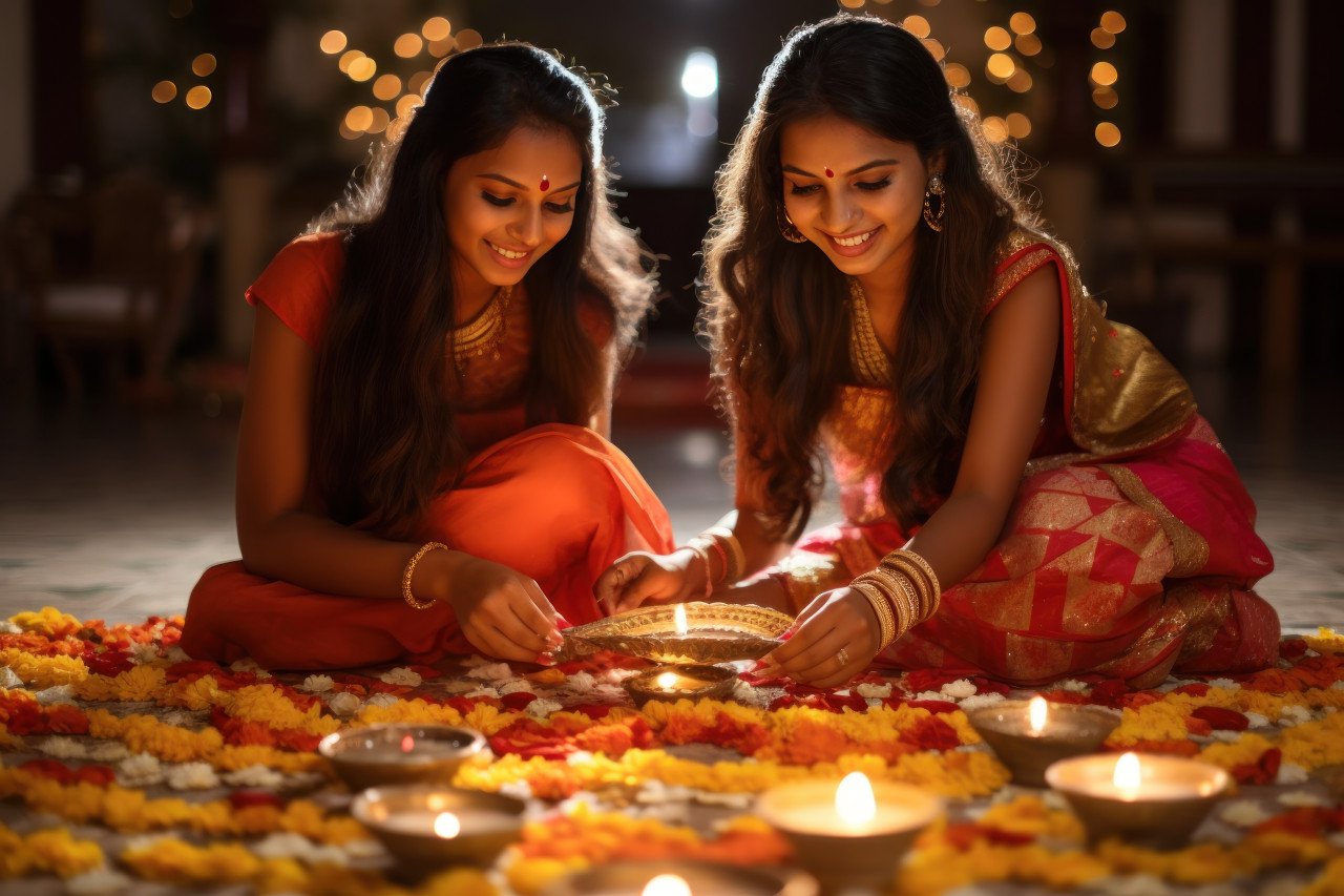 Traditional indian marathi girls light oil lamps on a rangoli at a temple entrance during a joyful festival celebration