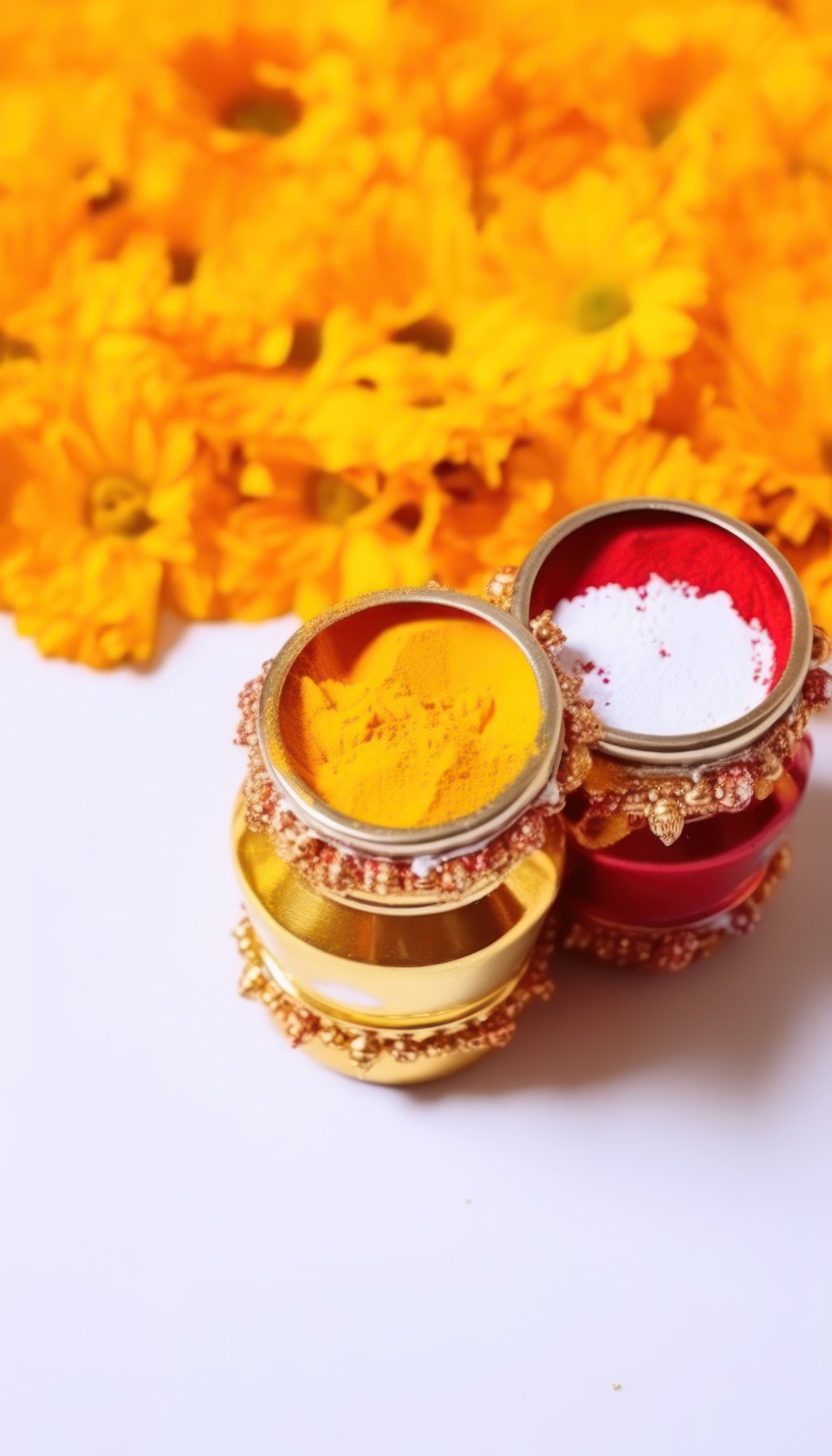 Haldi kumkum and flowers are essential for festival worship offered to god during prayer for a joyous celebration