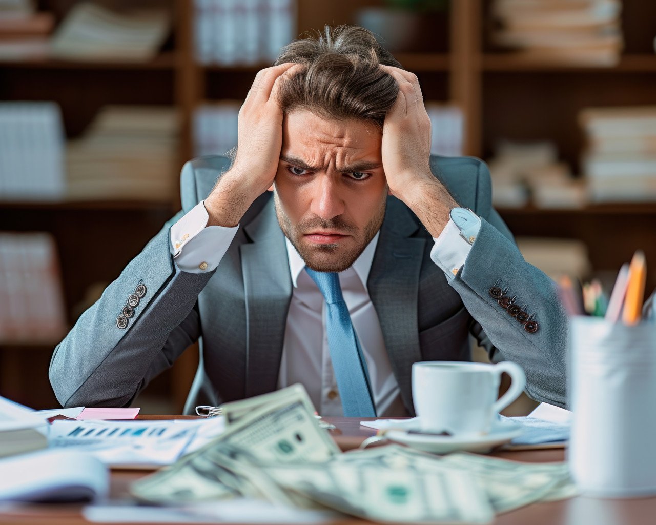 Stressed man in suit holding head in front of desk overwhelmed with work pressure
