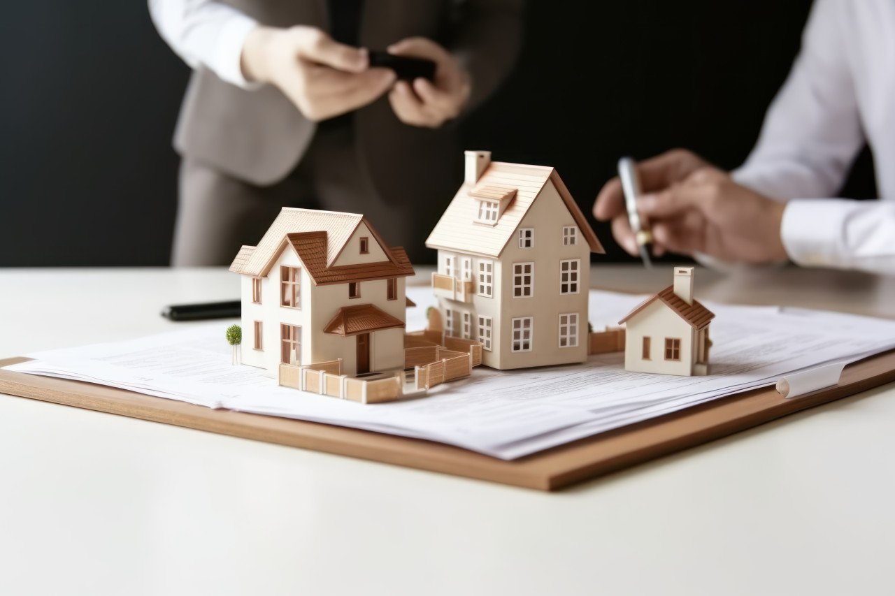 Business people sign contract use approved stamp finalize deal with real estate consultant for home insurance and investment