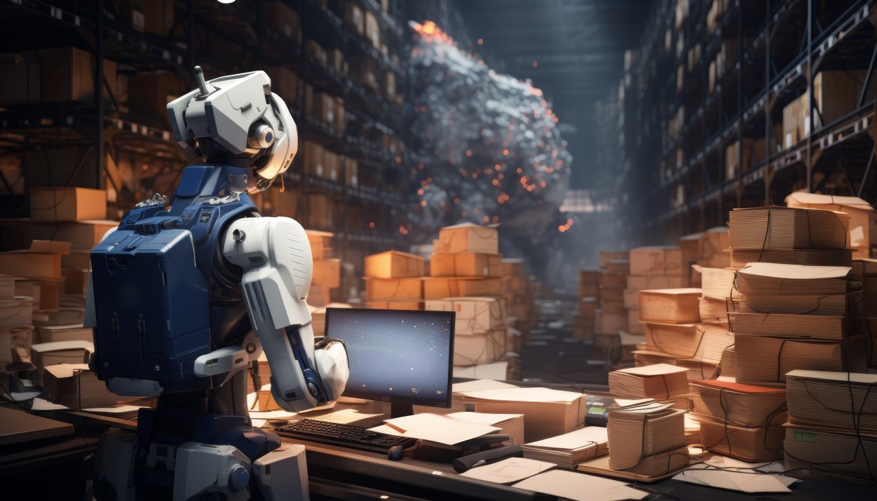 Robot with computer screen navigating a warehouse for efficient operations