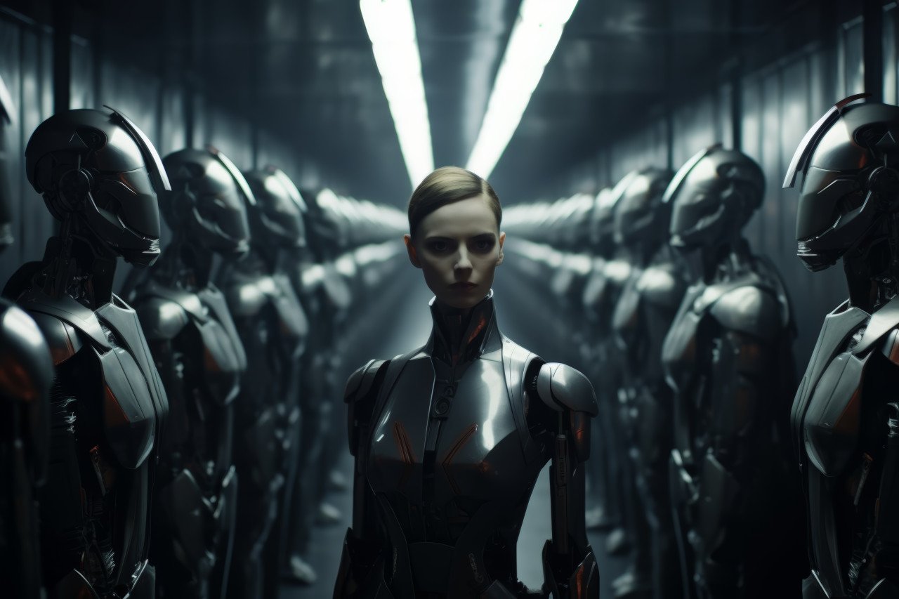 Robots navigating a cinema maze exploring corridors and adding a futuristic touch to the movie theatre ambiance