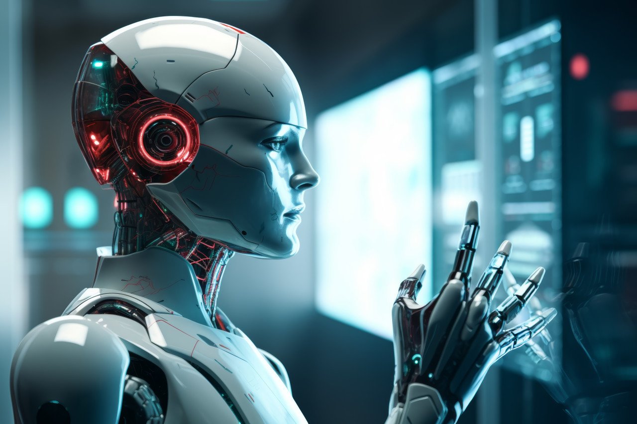 Robot holds avatar symbol touches screen futuristic interaction concept