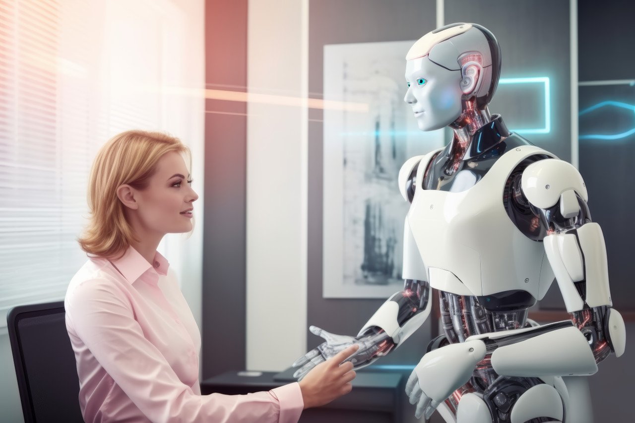 Robot stands before a woman in a conference room engaging in a futuristic interaction blending technology and human presence