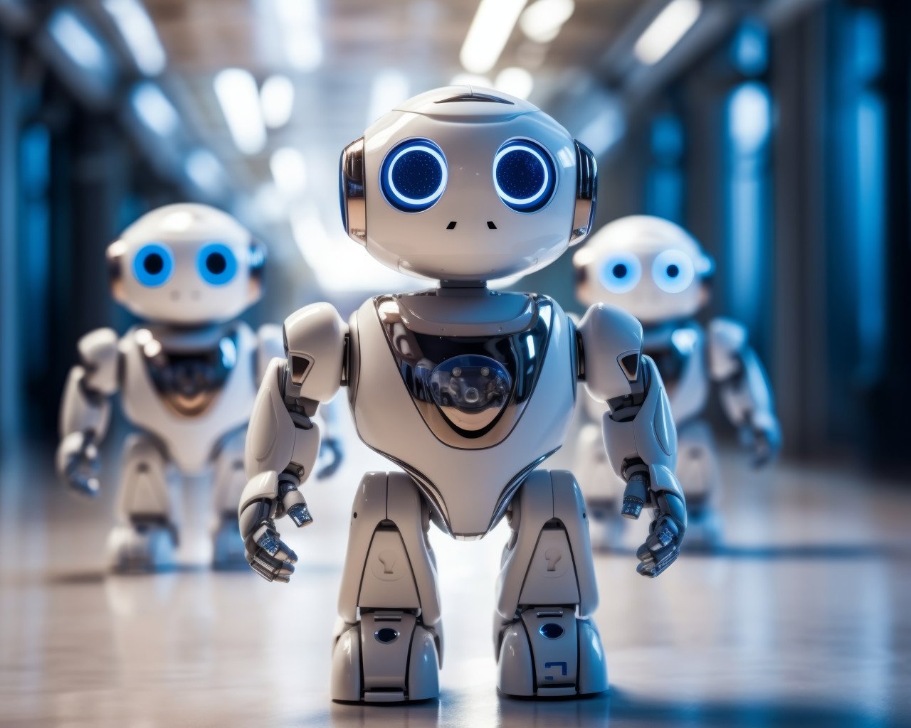 Two white robots walking down a corridor exploring futuristic surroundings