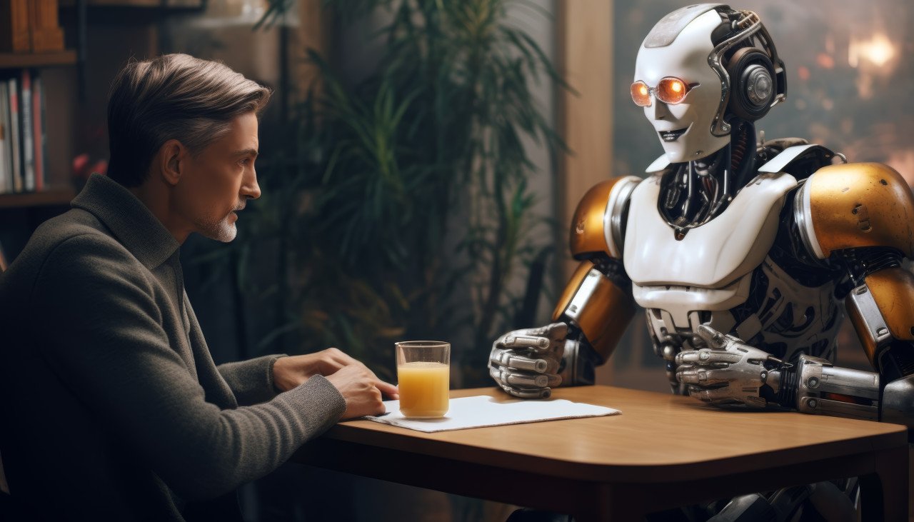 Young man conversing with a robot exploring futuristic communication in a tech driven setting