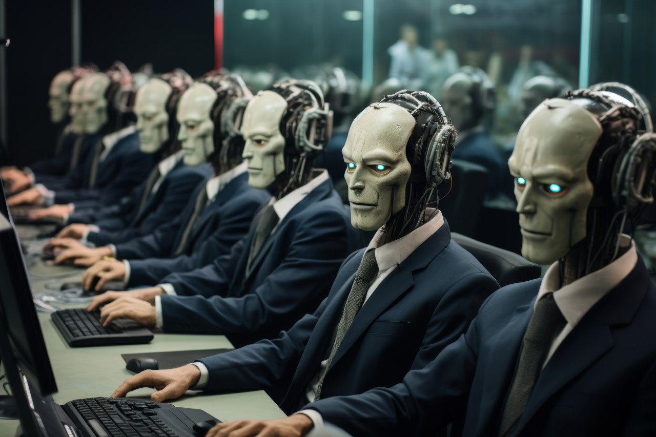 People and robot in suits working on computers