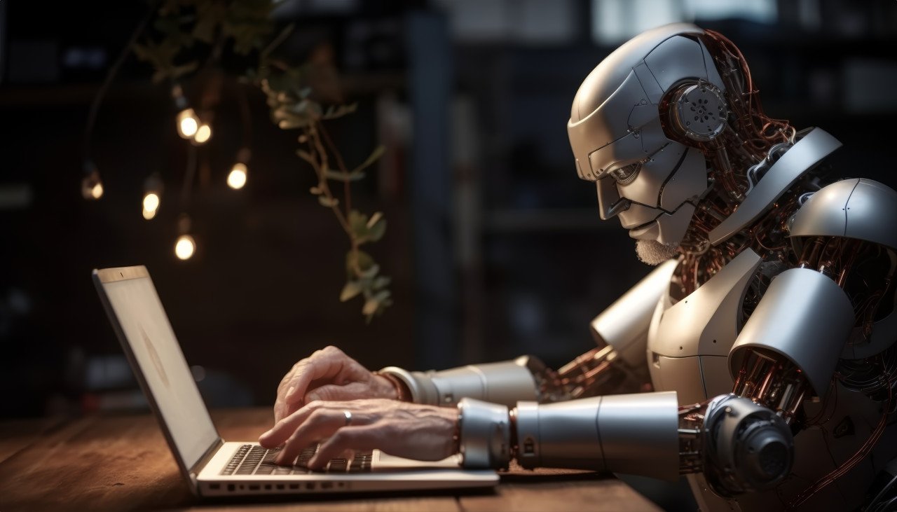 Robot using laptop on human hand on wood table