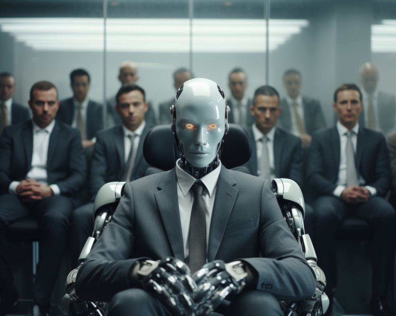 Robot sits in a room full of people capturing attention with its presence and sparking curiosity among the audience