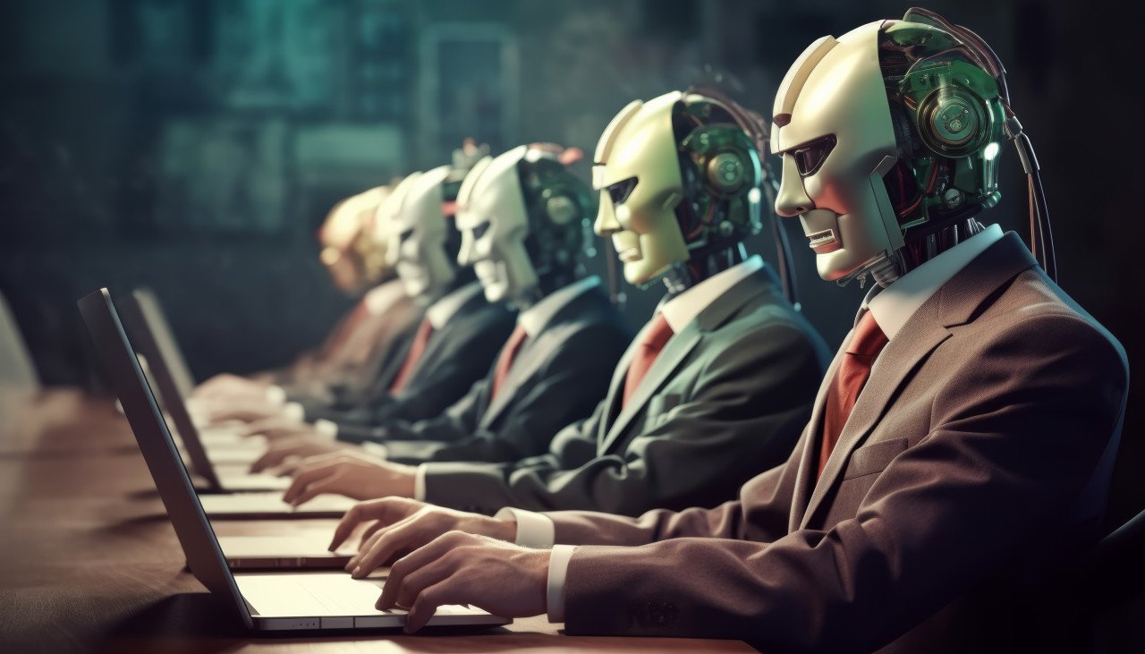 Five robotic faces work on a human body at a desk while a guy in a suit observes the futuristic scene