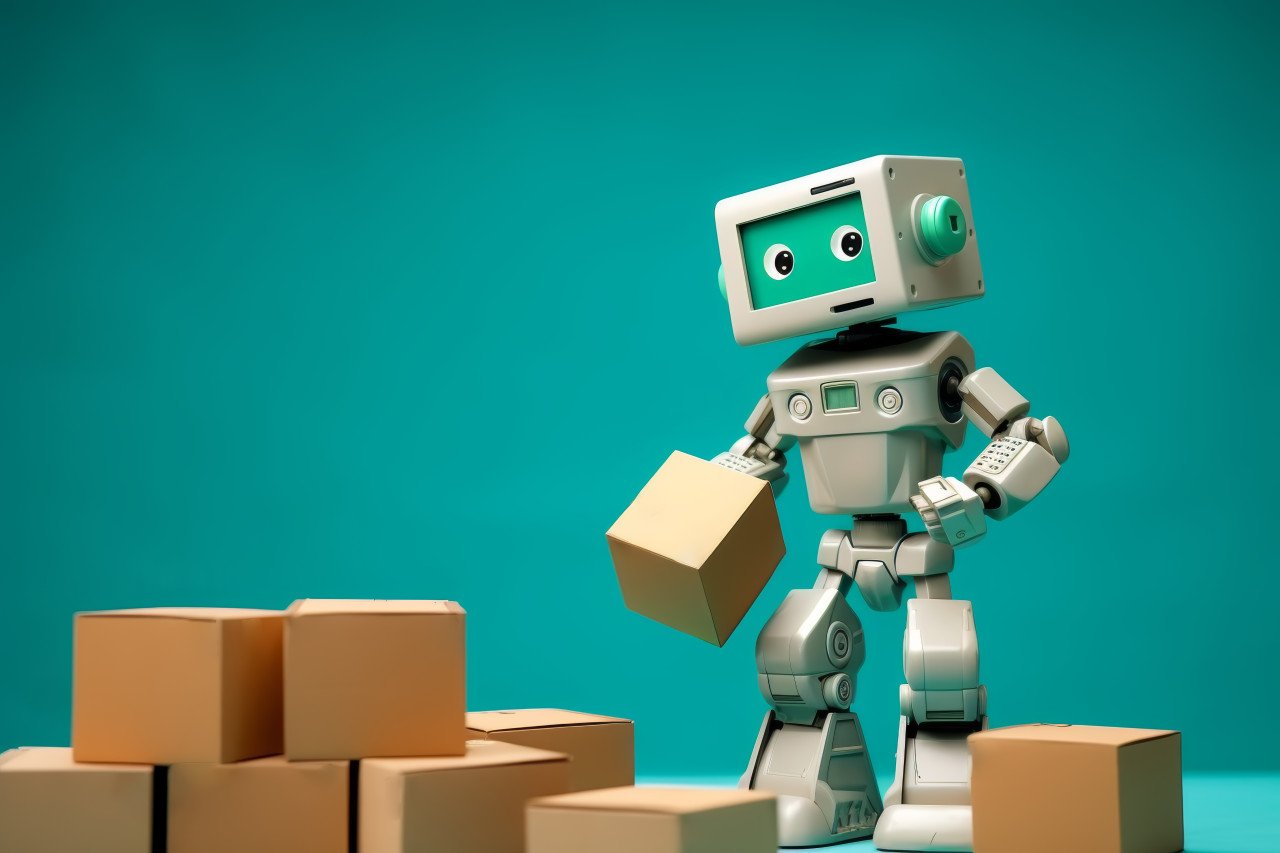 Robot at the mall holding boxes for delivery and assistance showcasing efficient automation in action
