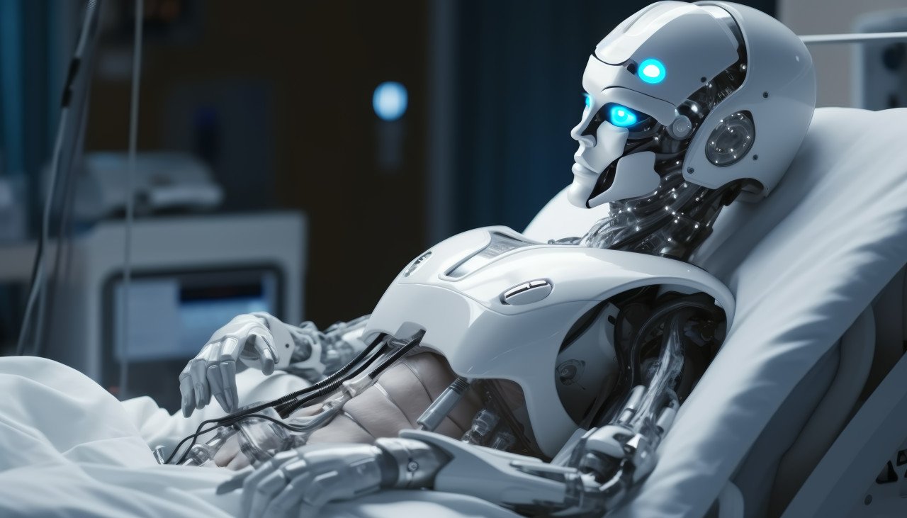 White robot sits calmly in hospital bed observing surroundings with curiosity