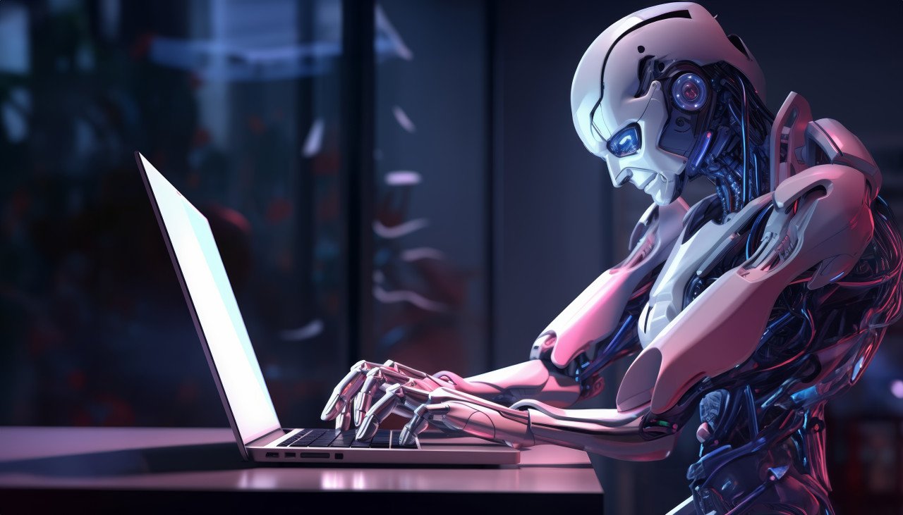 Robotic hand interacting with laptop in futuristic technology concept