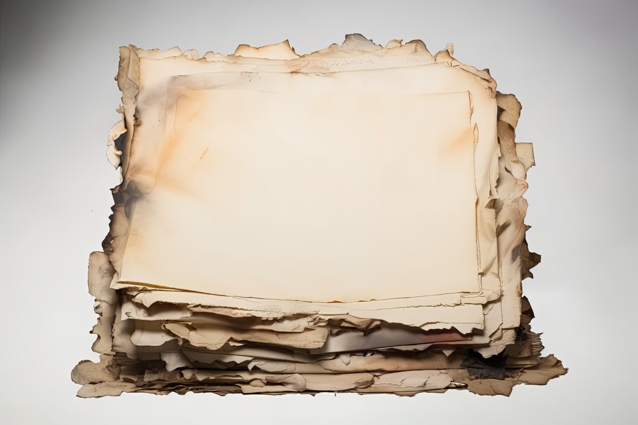A pile of ancient burned documents stacked together revealing the passage of time and history in their scorched edges