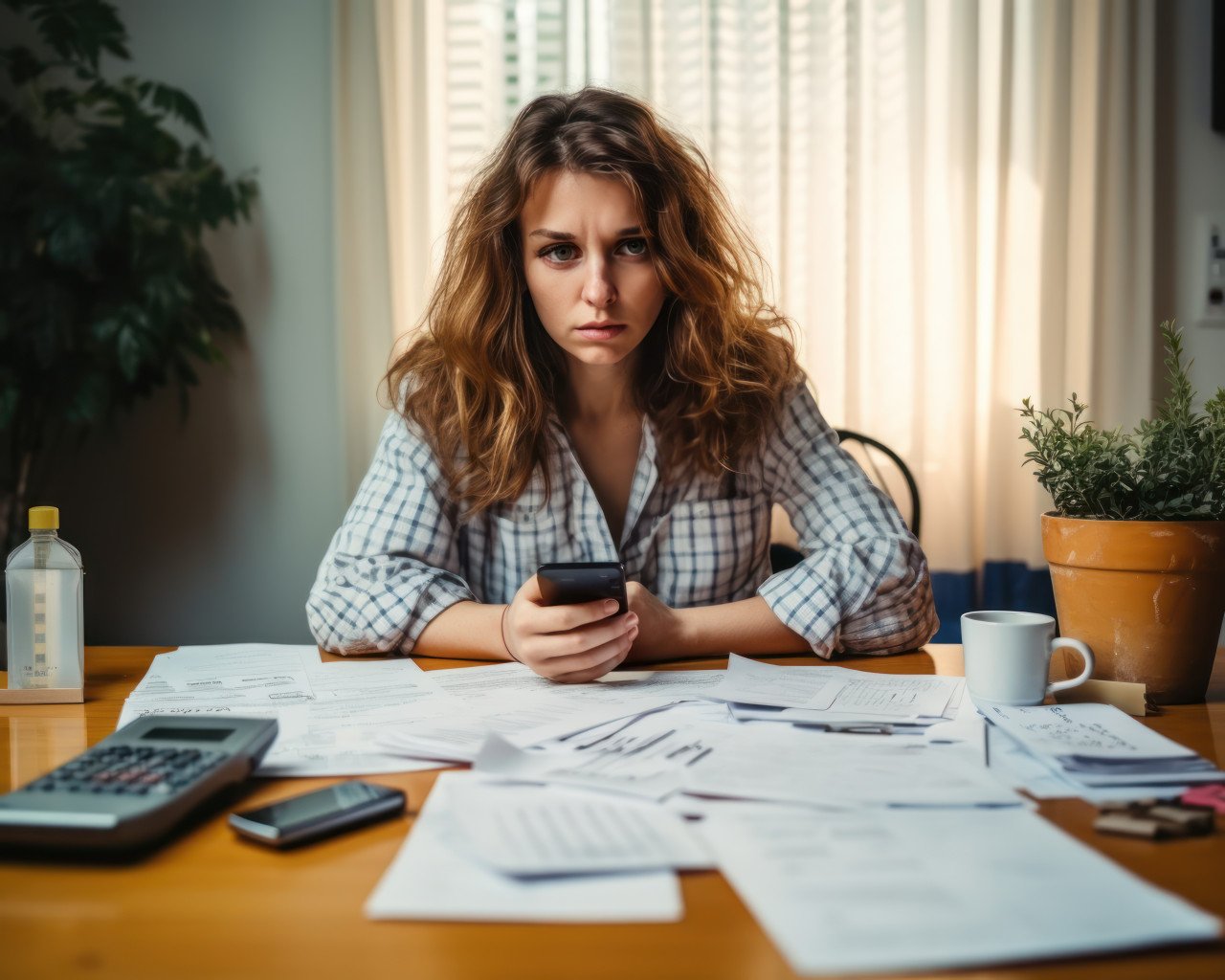 Woman calculating utility bills using a calculator managing finances and expenses at home