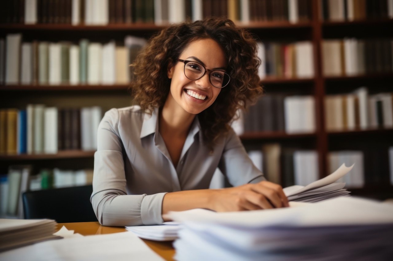 Happy woman immersed in paperwork at the library finding joy in her professional tasks surrounded by books