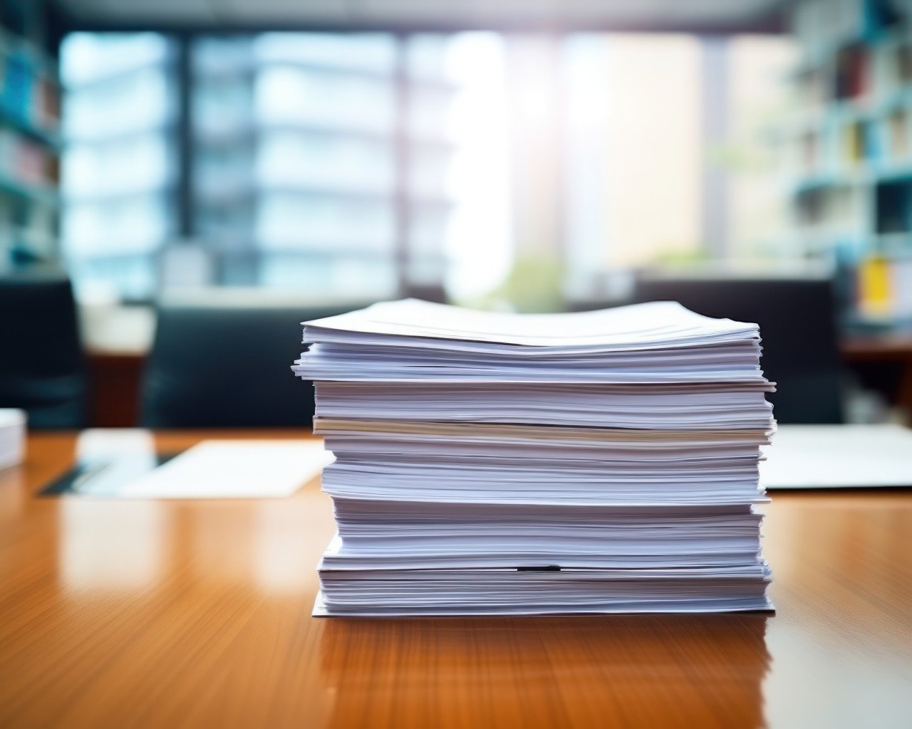 Office desk with a stack of accounting documents showcasing organized paperwork and document flow in the professional workspace