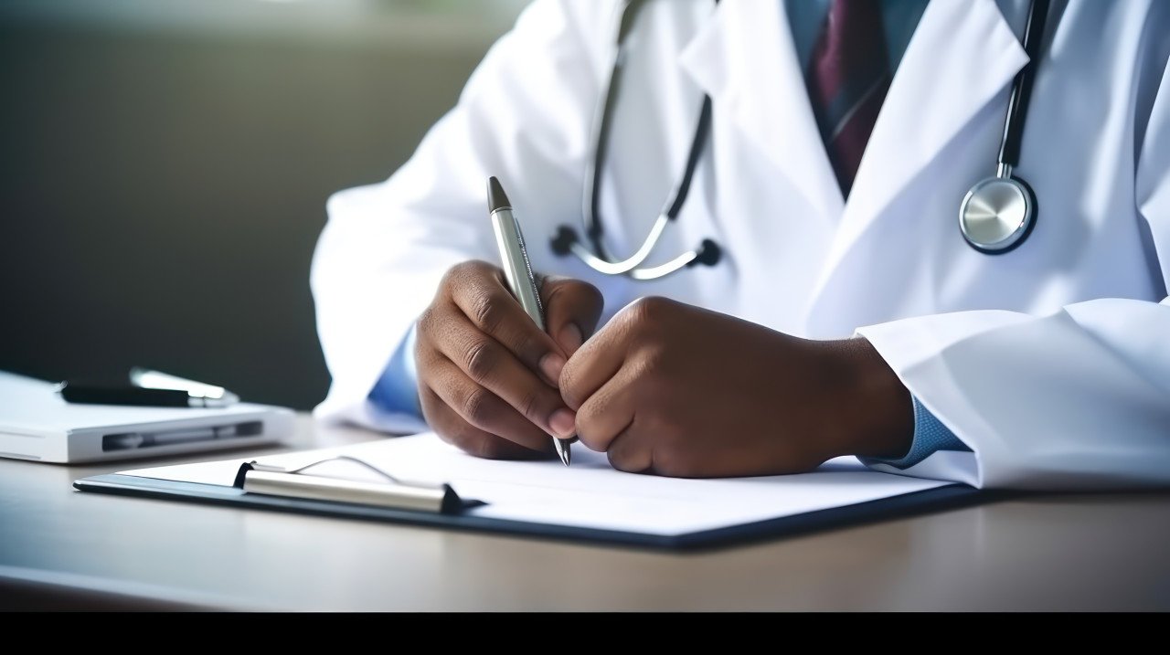 Medical professional prescribes medication for patient at a table with space for text or design