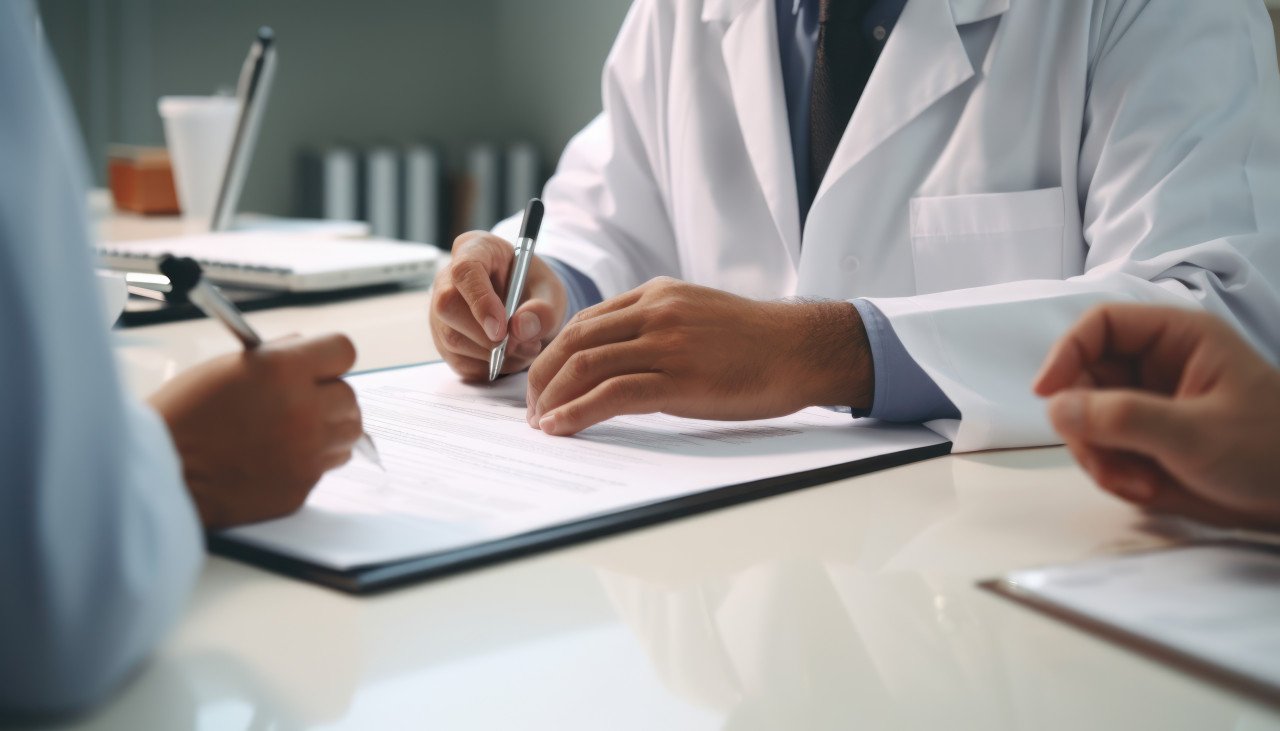 Doctors writing research paper for finance planning insurance and medical trust in meeting collaboration for surgery approval