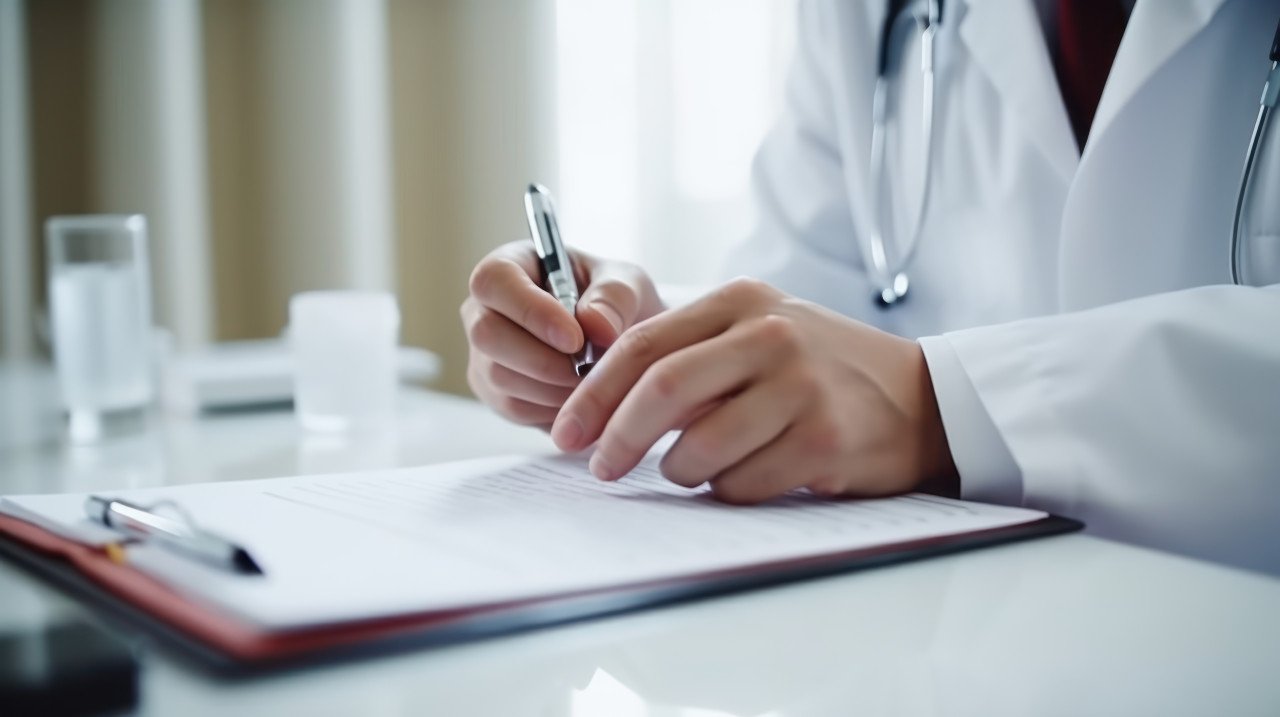Doctor hands write on checklist for health info at desk medical woman on chart for prescription notes paperwork in hospital