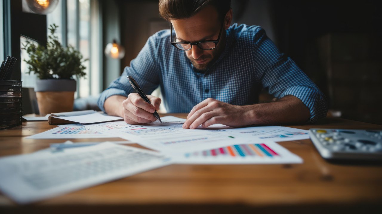 Person meticulously plans finances with calculator pen and documents on wooden table showcasing fiscal responsibility and tax preparation