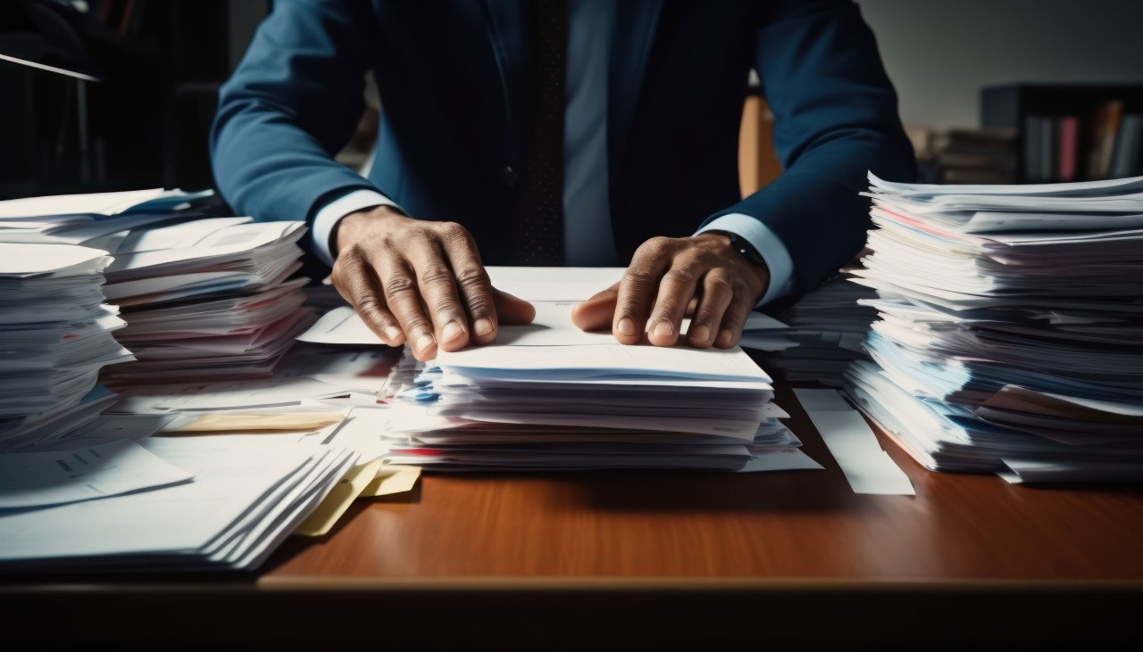 Business professional organizes paperwork on desk ensuring order and efficiency in the work environment