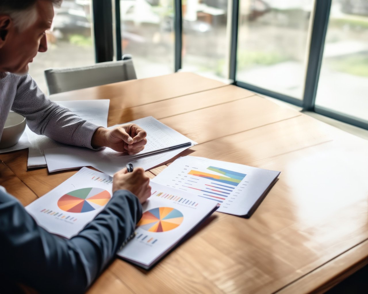 Young businessmen point to a graph strategizing in a business meeting analyzing financial and market data for a new project in an office with paperwork