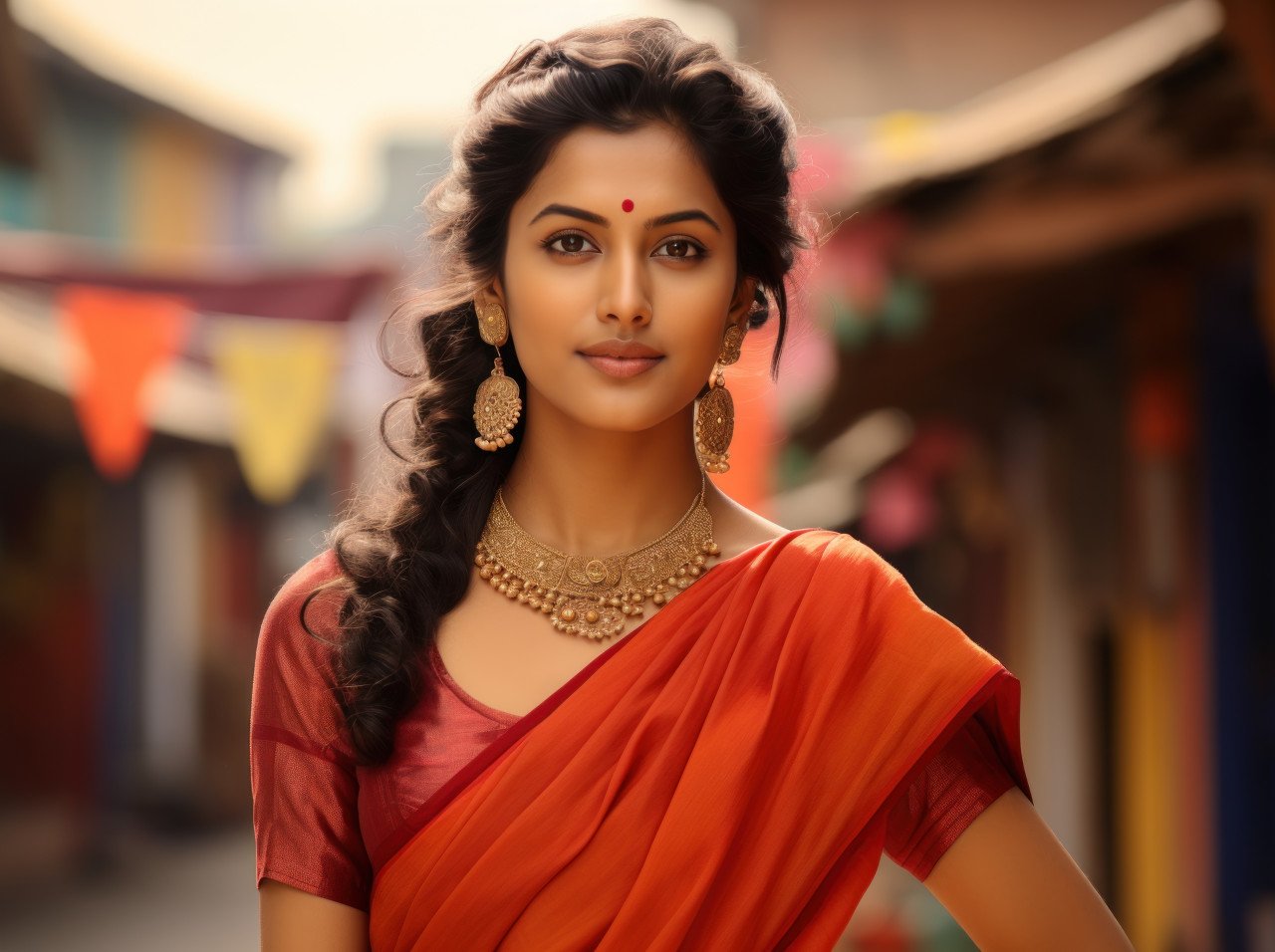 A indian people radiating charm in an orange and red saree