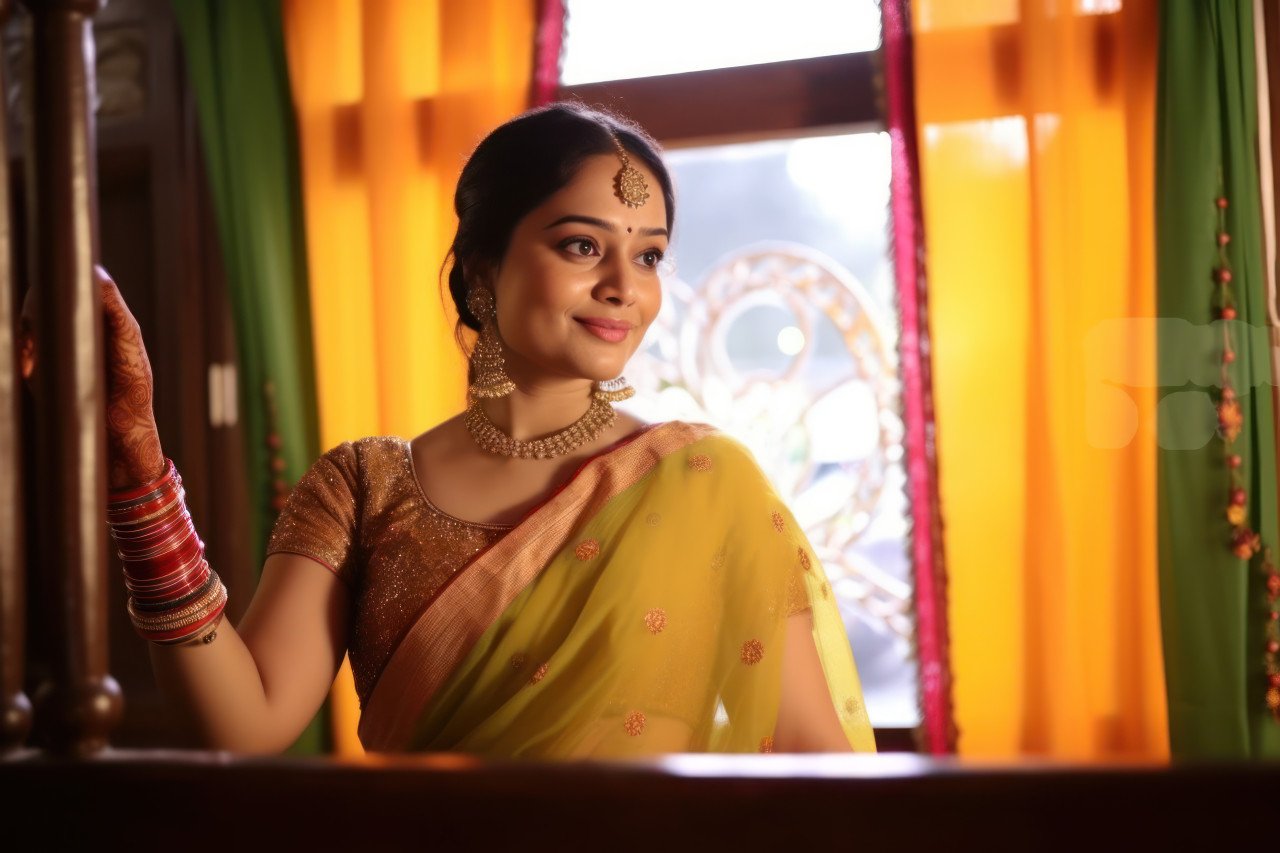 A beautiful indian marathi woman relaxes on a sofa in a maharashtra palace