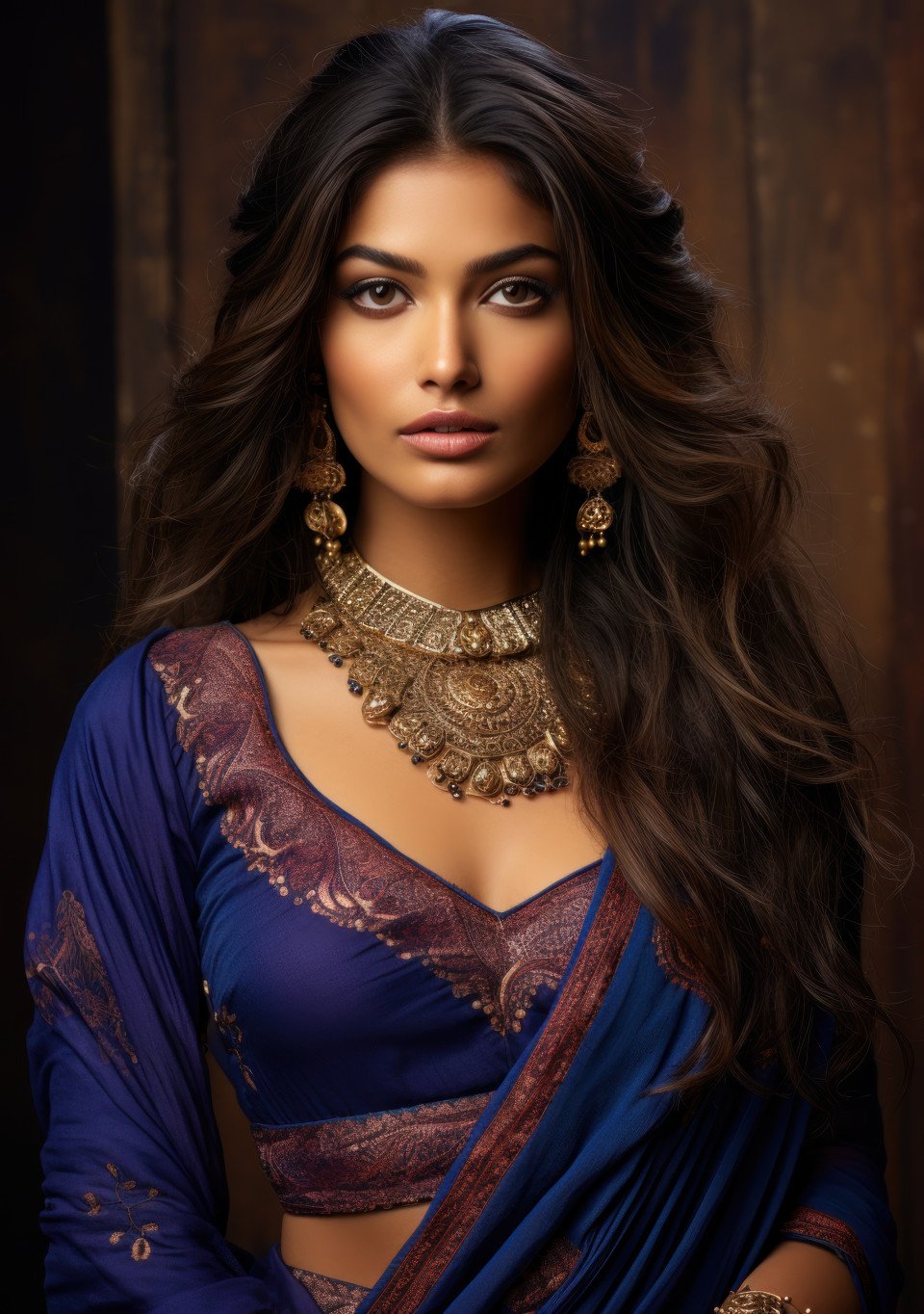 An indian lady radiates beauty in a blue and pink sari symbolizing the charm and richness of cultural attire