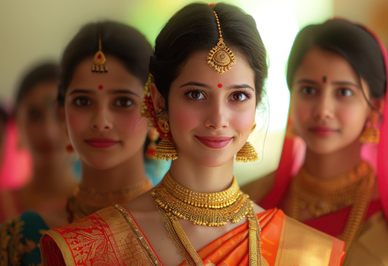 Vibrant family adorned in saris and bangles stands together celebrating cultural richness and traditions with joy and unity