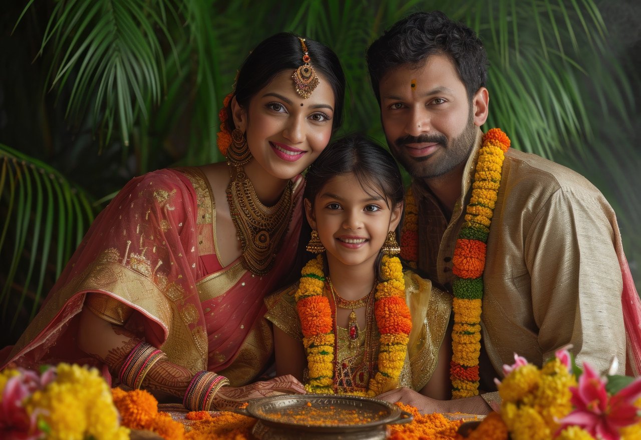 A joyous indian family proudly posing with a metal ornament celebrating their cultural heritage and unity