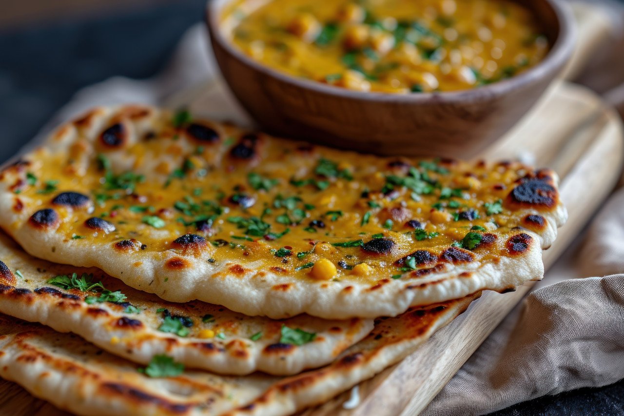 A plate featuring makhani rava naan and daal paired with channa masala
