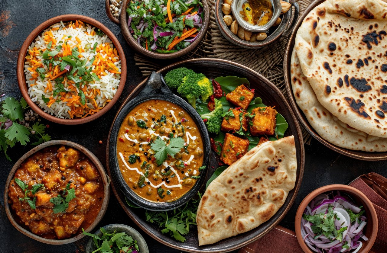 Assorted food on small plates showcasing dishes like kheer and roti
