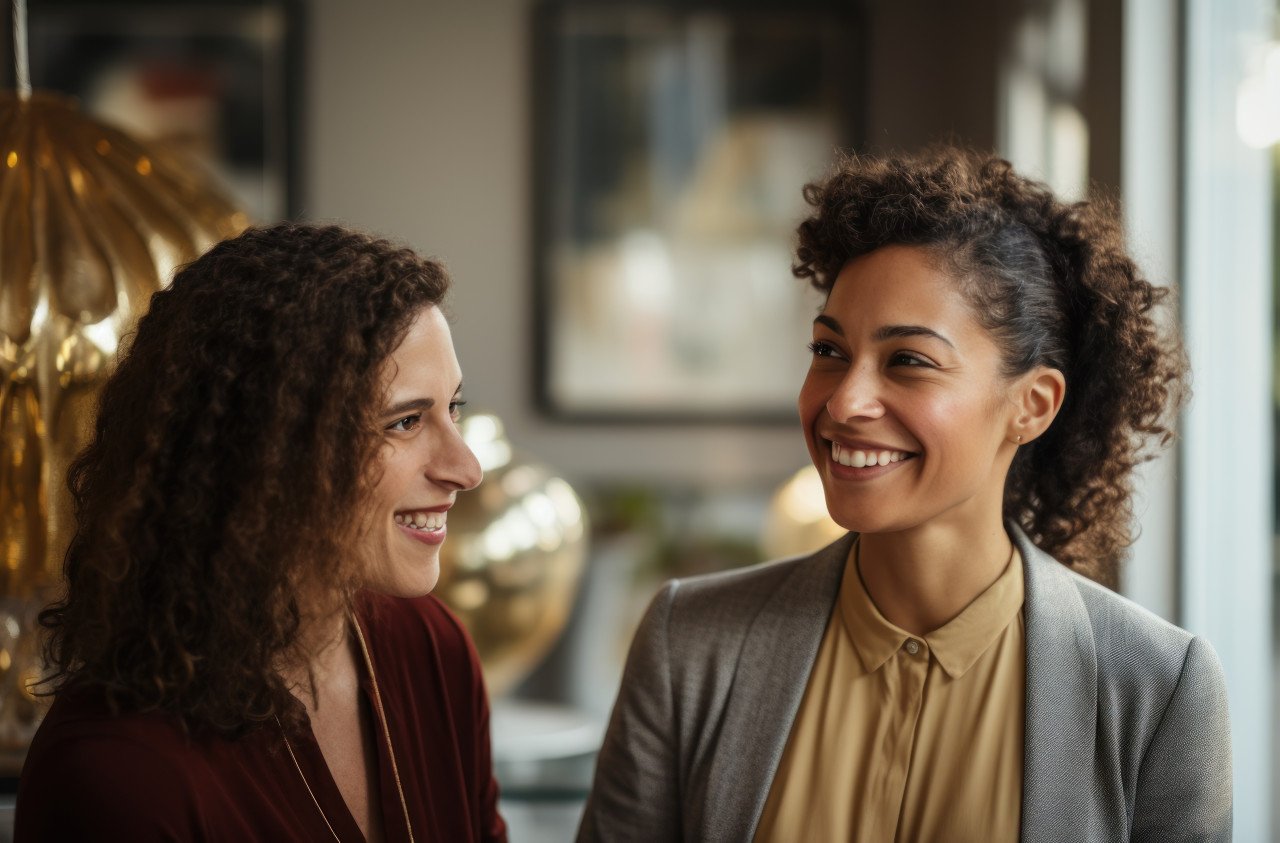 Office conversation between entrepreneur and female client