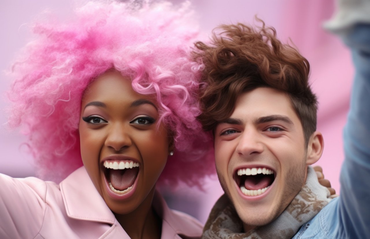 Afro american friends share a moment of triumph highlighting diversity and friendship in their celebratory gesture