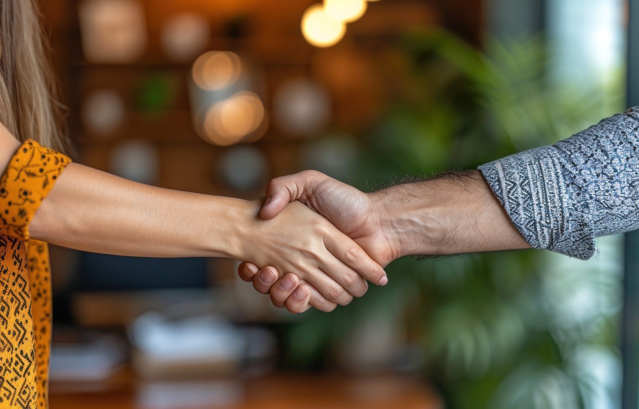 Professional businessman shakes hands with a woman in a work setting